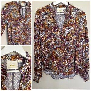 Anthropologie Red and Orange Graphic Blouse with Mandarin Collar